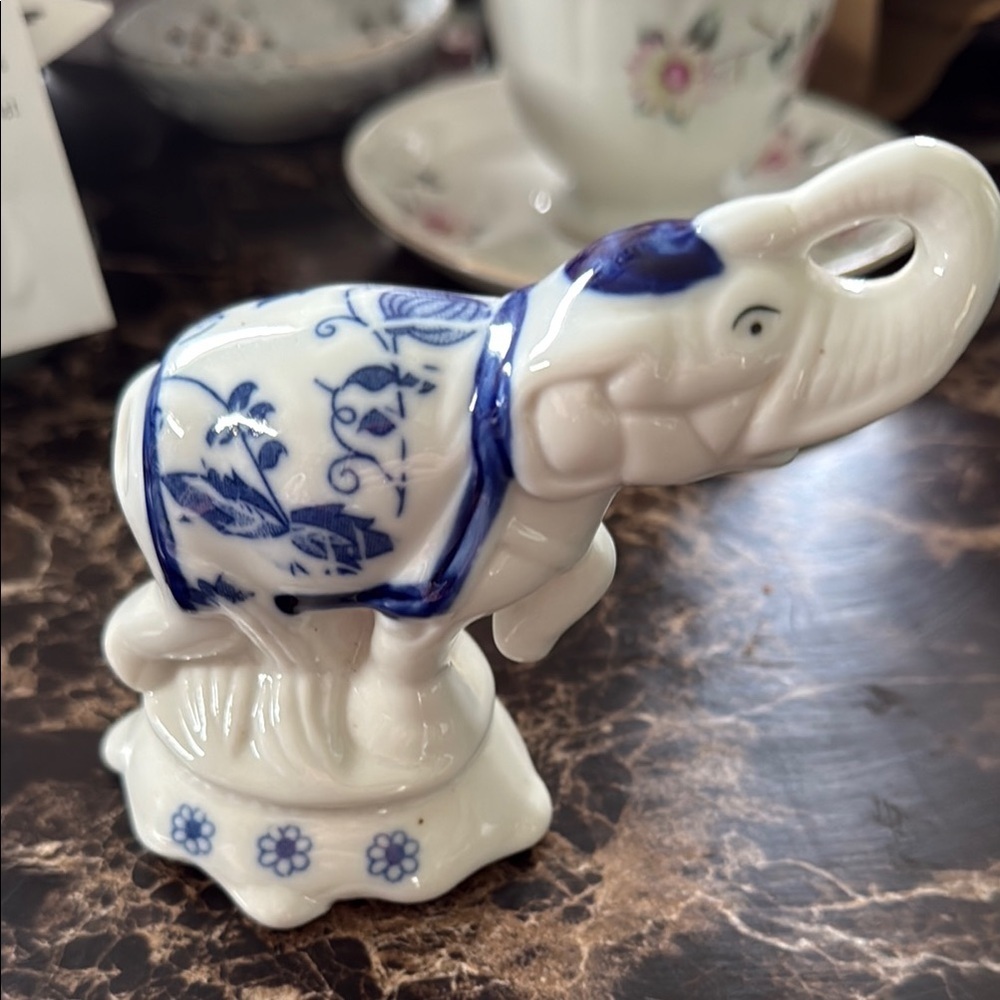 Vintage Blue and White Porcelain Elephant Figurine
